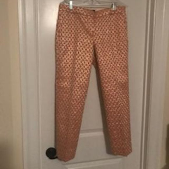 NWT J. Crew Coral and Metallic Gold Jacquard Tailored tapered Ankle Pants - Picture 1 of 6